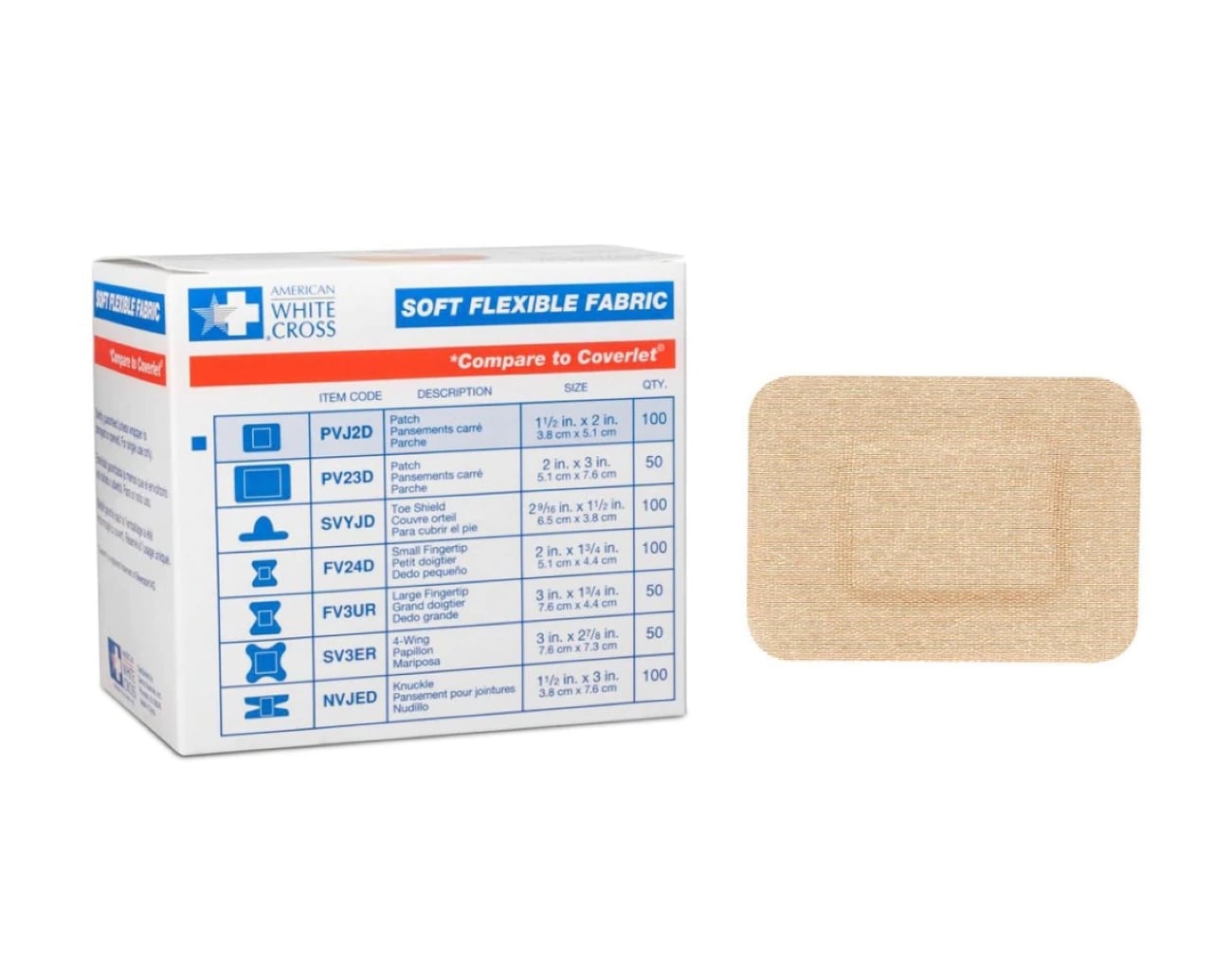 American White Cross Adhesive Bandage, Fabric, 1-1/2 x 2 inches, Tan, Sterile, 100/Box