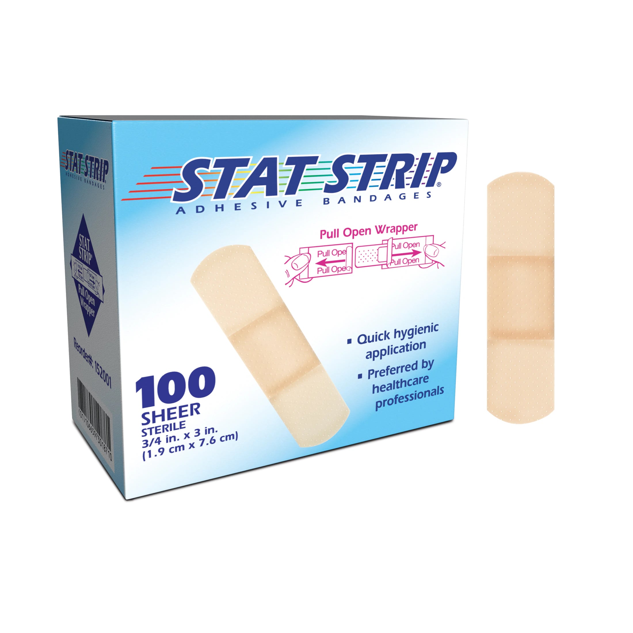Dukal Stat Strip Adhesive Bandage, Plastic, Sheer, Sterile, 3/4" x 3", 100/Box