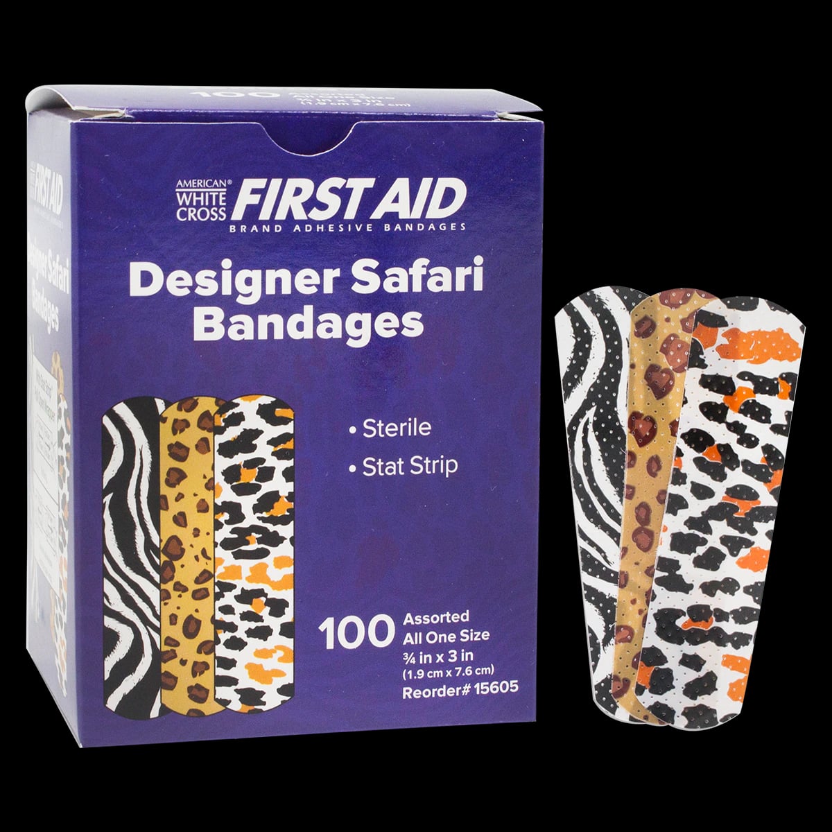 American White Cross Adhesive Bandage, Plastic, 3/4" x 3", Designer Safari, Sterile, 100/Box