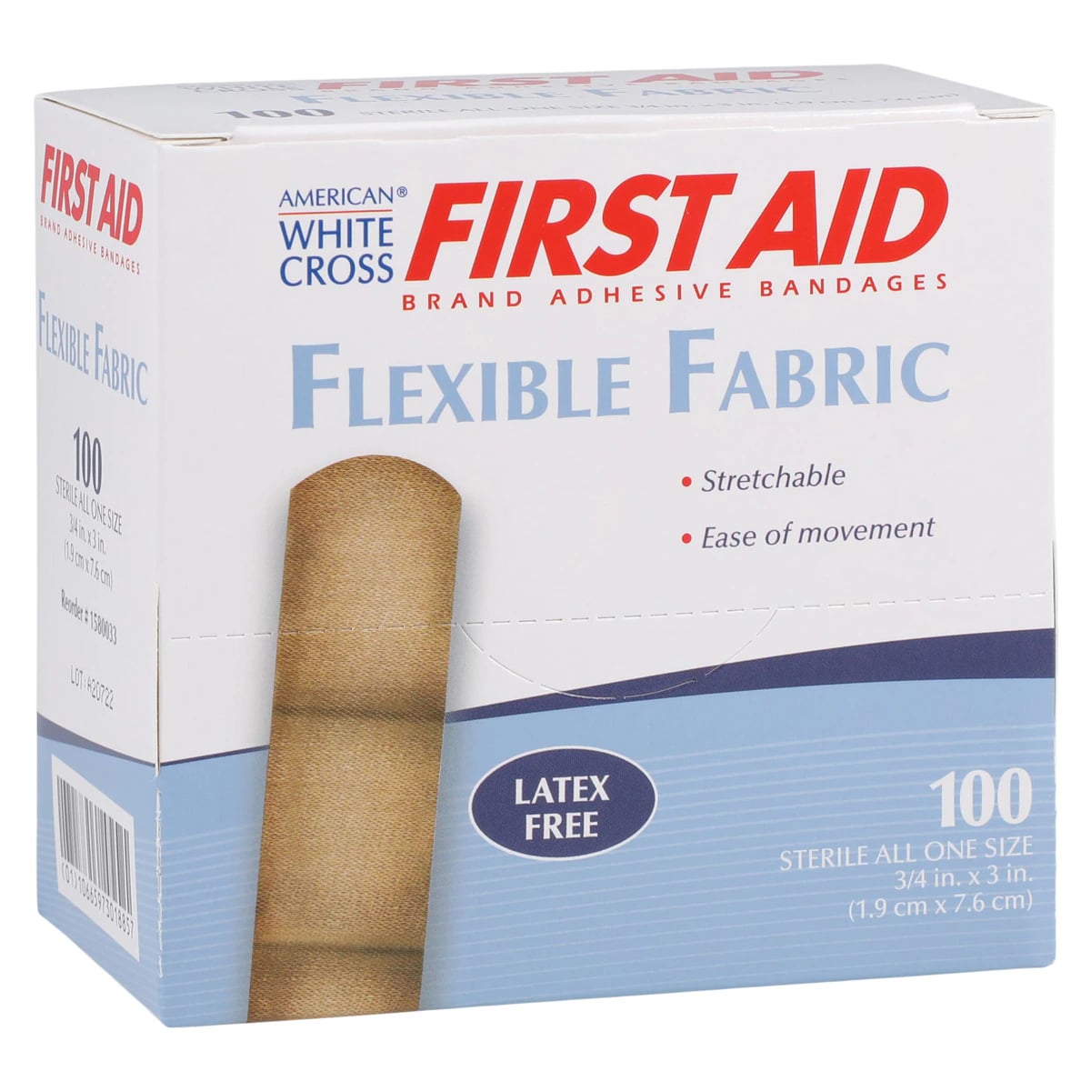 American White Cross Adhesive Bandage, Fabric, Lightweight Flexible, 3/4" x 3", Tan, Sterile, 100/Box