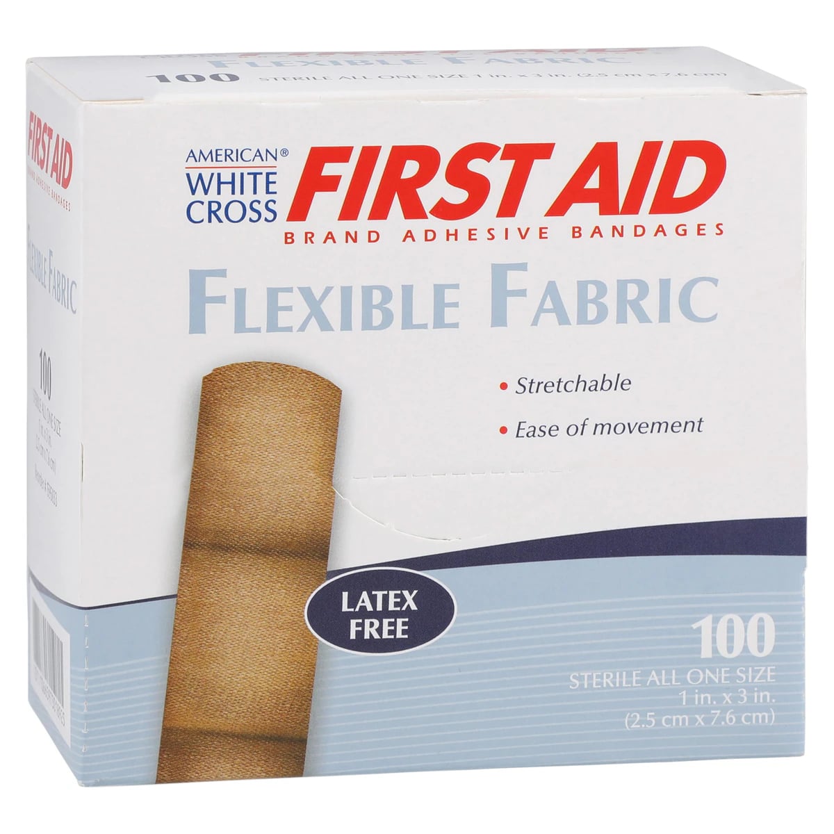 American White Cross Adhesive Bandage, Fabric, Lightweight Flexible, 1" x 3", Tan, Sterile, 100/Box