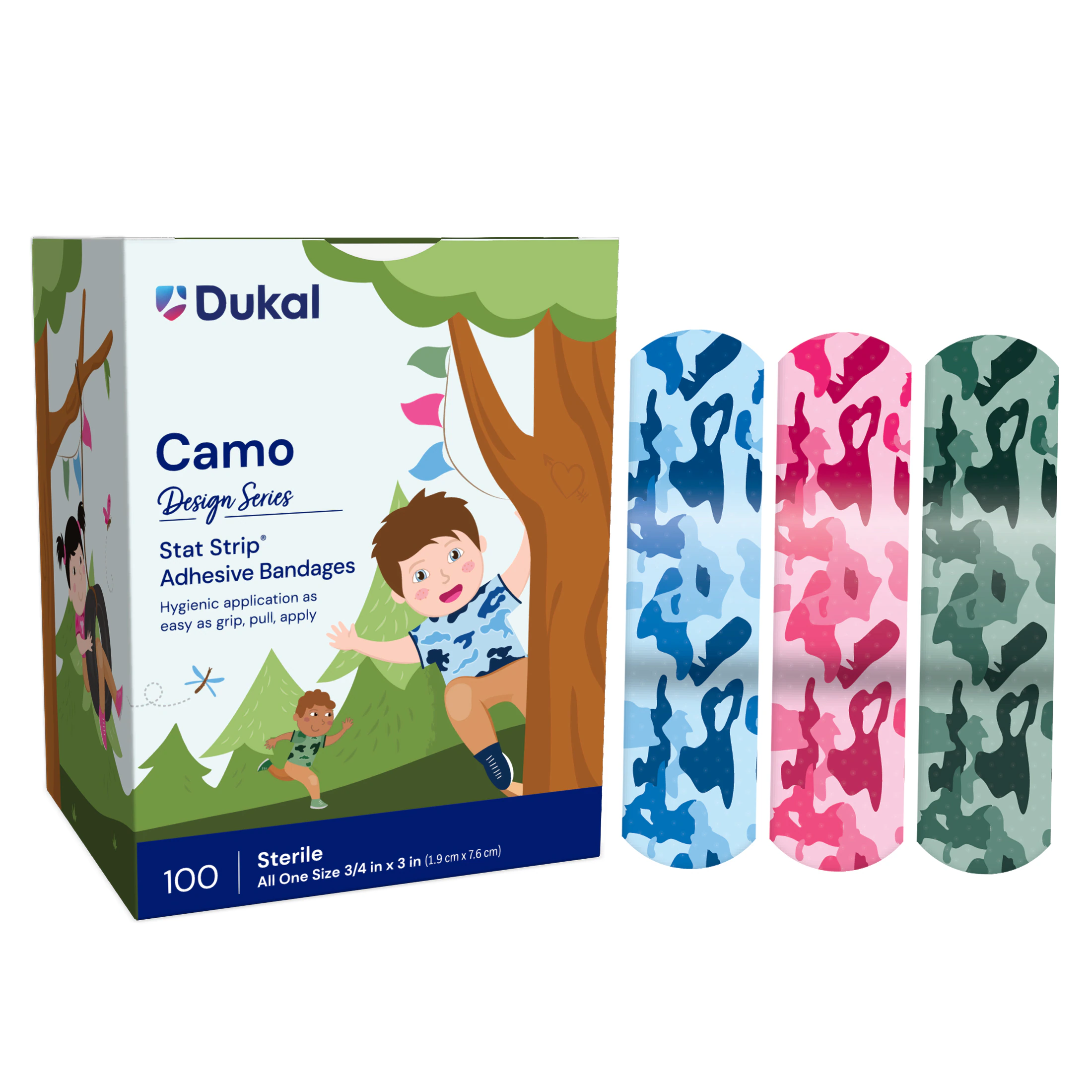 Dukal Stat Strip Bandage, Plastic, 3/4" x 3", Camo Blue & Pink Assorted, Sterile, 100/Box