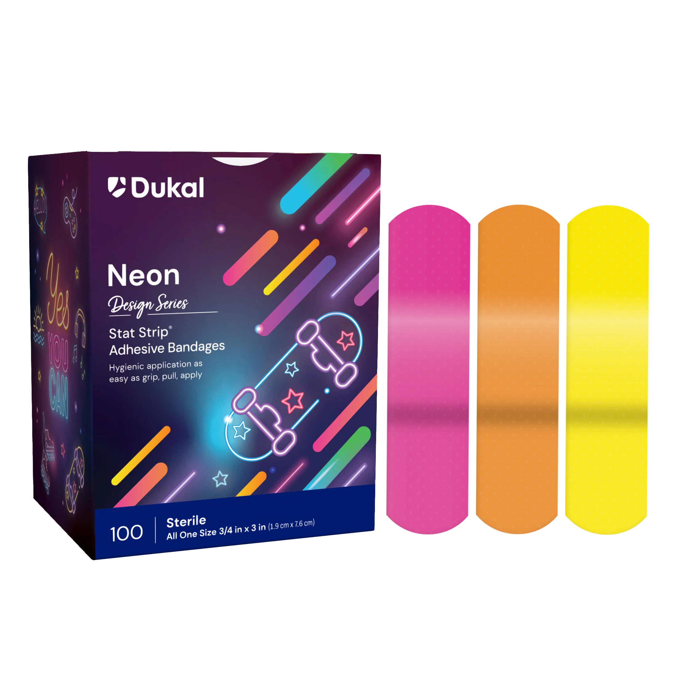 American White Cross Adhesive Bandage, Plastic, 3/4" x 3", Assorted Neon, Sterile, 100/Box