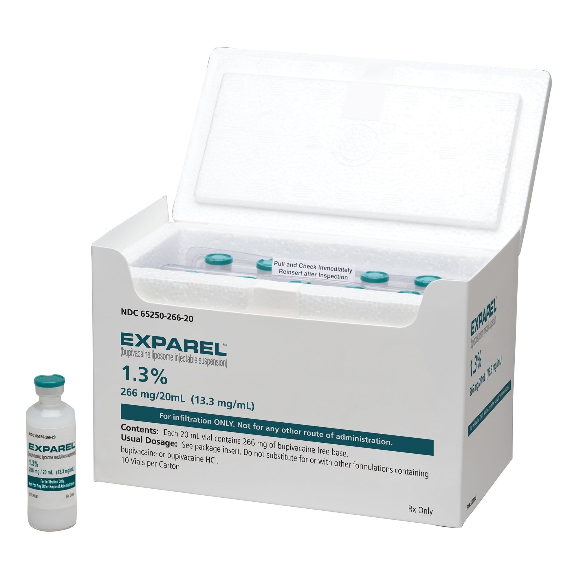 Exparel 1.3% Liposomal Suspension Injection, 266mg/vial, Preservative Free, 20mL Vial, 10/Package