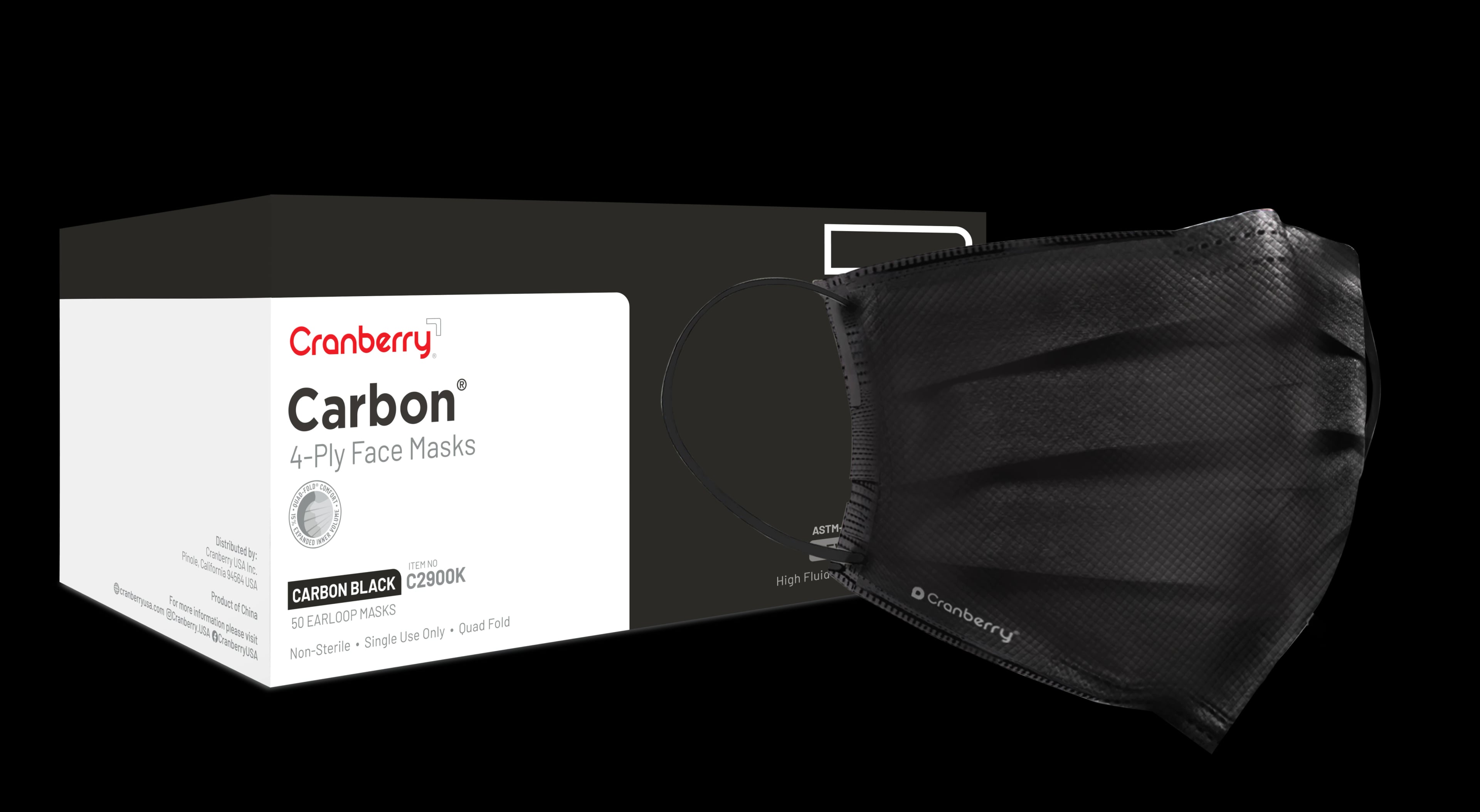 Cranberry Carbon ASTM Level 3 Earloop Face Mask, 4-Ply, Black, One Size, 50/Box, C2900K