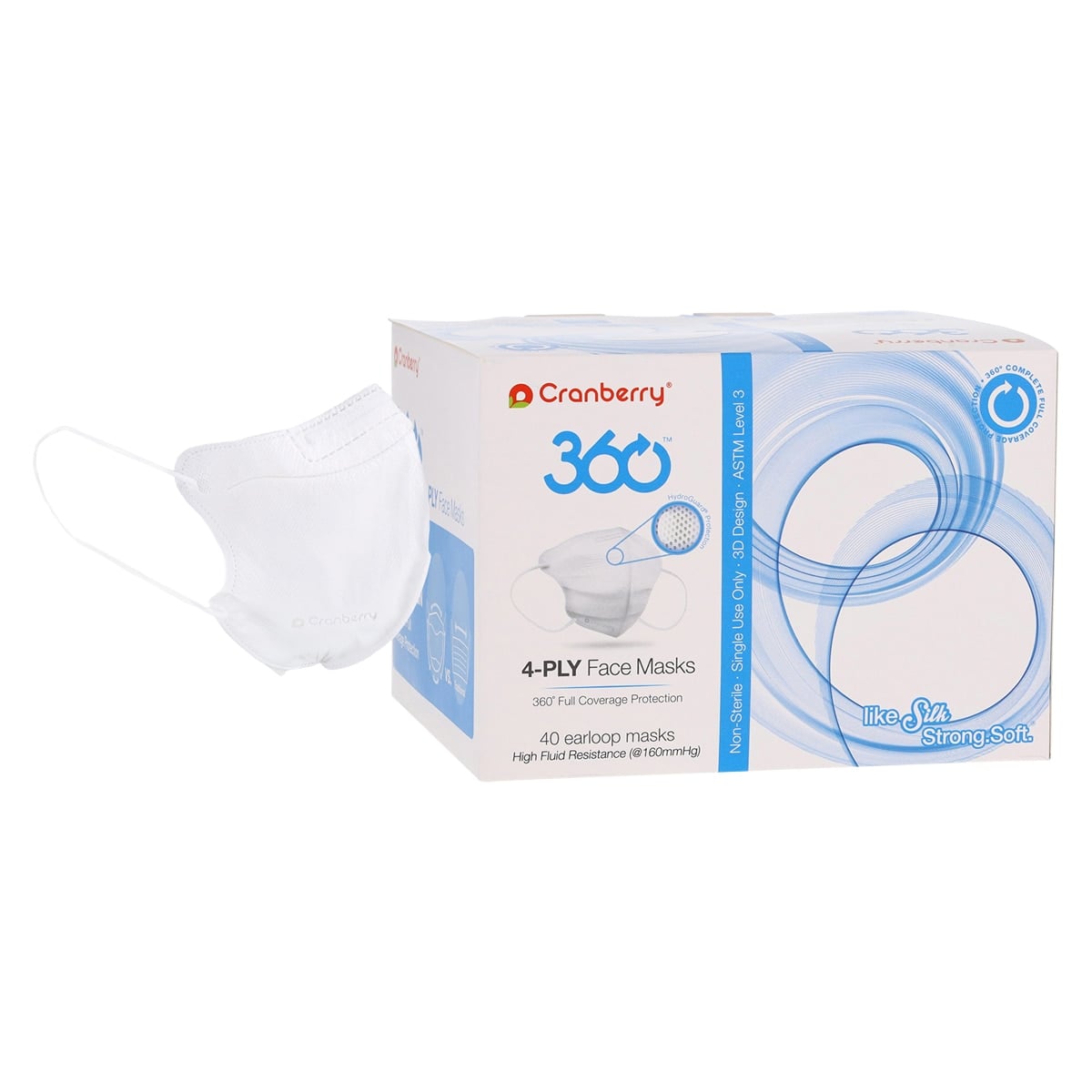 Cranberry 360 AntiFog 4-Ply Earloop Face Mask, ASTM Level 3, Small, Silver, 40/Box, Q2860S