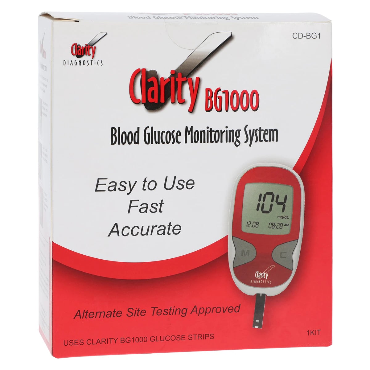 Clarity BG1000 Blood Glucose Monitor Kit, CLIA Waived, with 2 Batteries and Carry Case