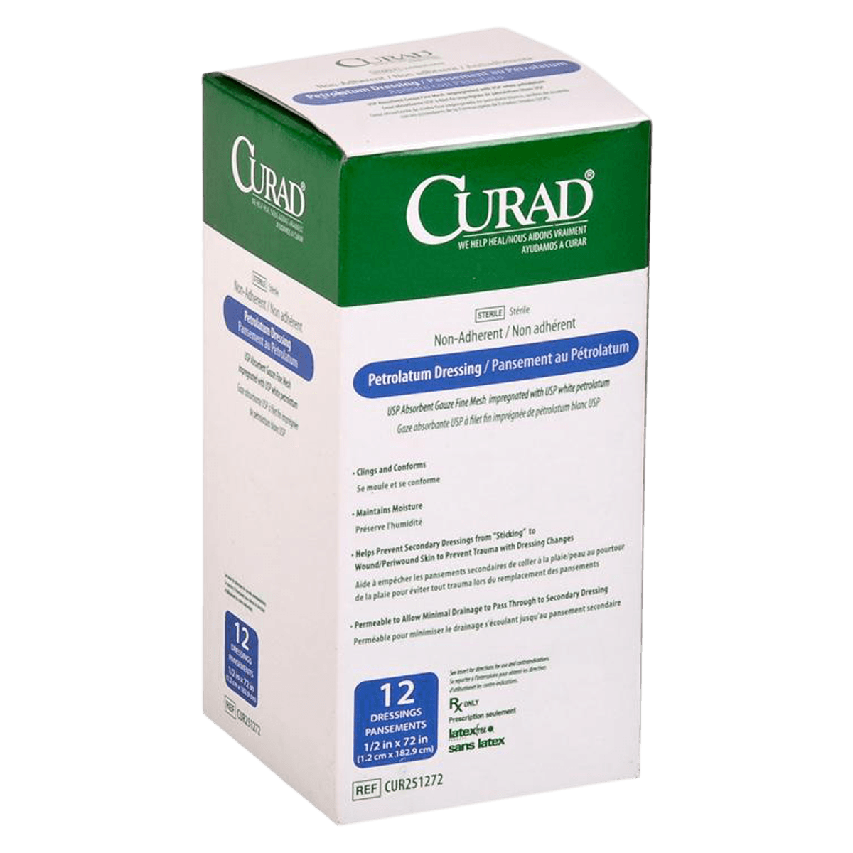 Curad Cotton/Petrolatum Gauze Dressing, 1/2" x 72", Sterile, Latex-Free