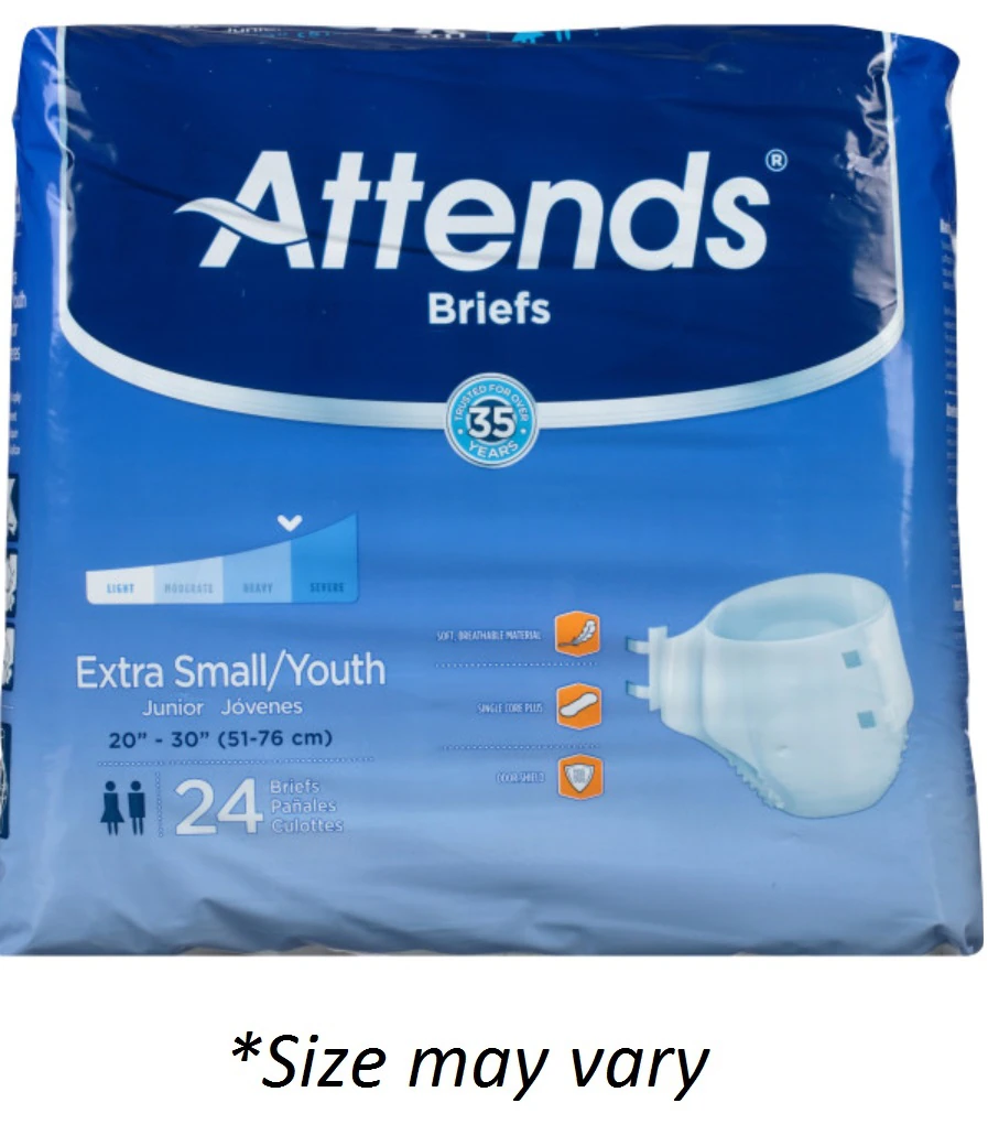 Attends Incontinence Brief, Unisex, Small (25-35"), Heavy-Severe Absorbency, White, Disposable, 24/Bag