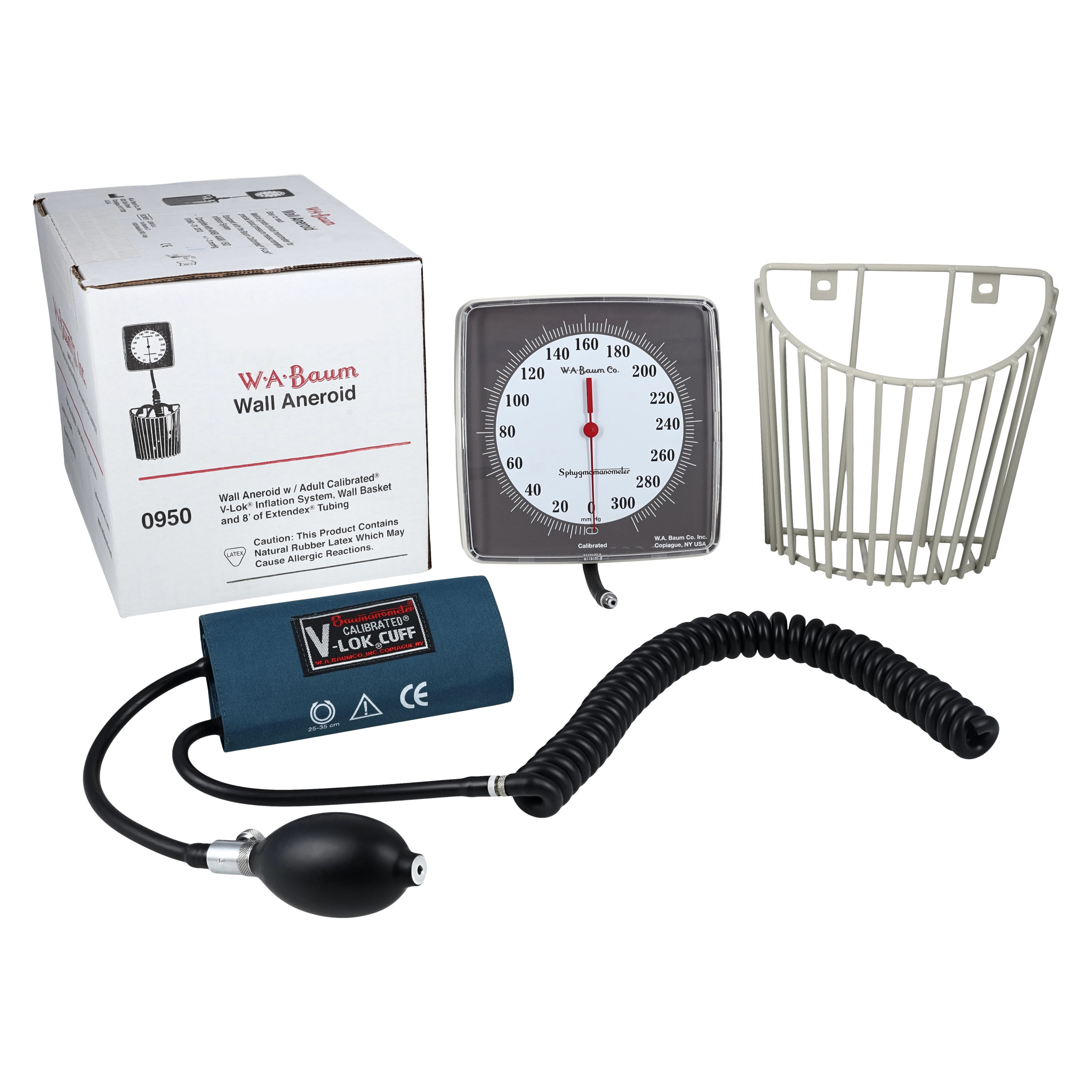 W.A. Baum Calibrated V-Lok Aneroid Sphygmomanometer, Wall Mount, Adult, Neutral White Latex Arm, High Contrast Dial