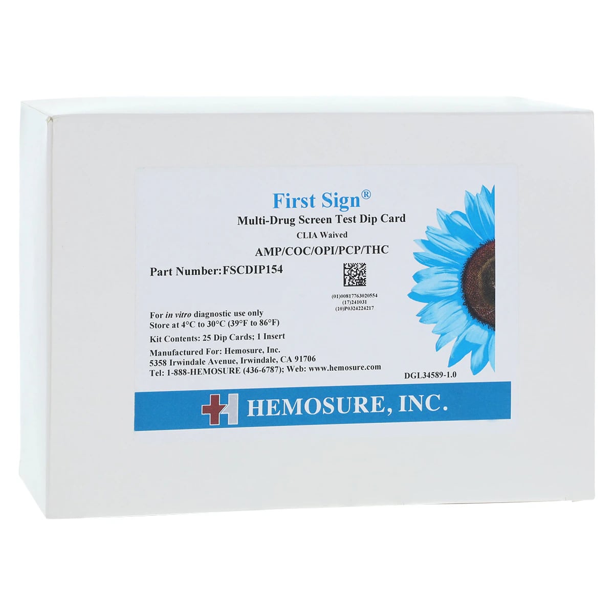 First Sign DOA Drugs of Abuse Dipcard, CLIA Waived, 5 Panel AMP/COC/OPI/PCP/THC, 25/Box