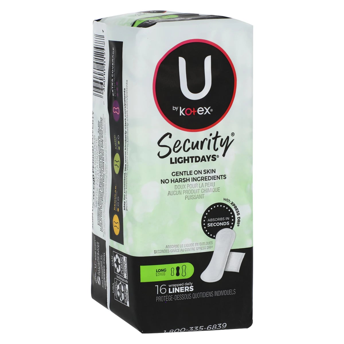 U by Kotex Panty Liner Long Light, White, Disposable, Fragrance Free, Latex-Free, 12/Case