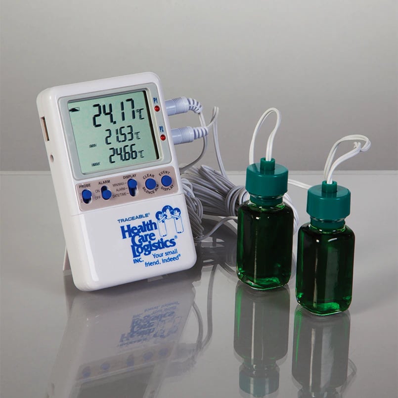 Traceable Excursion-Trac Data Logging Thermometer, ABS Plastic, -50 to 70°C, 2 Bottle Probes, Min/Max Memory, LCD, ISO 17025/A2LA/NIST