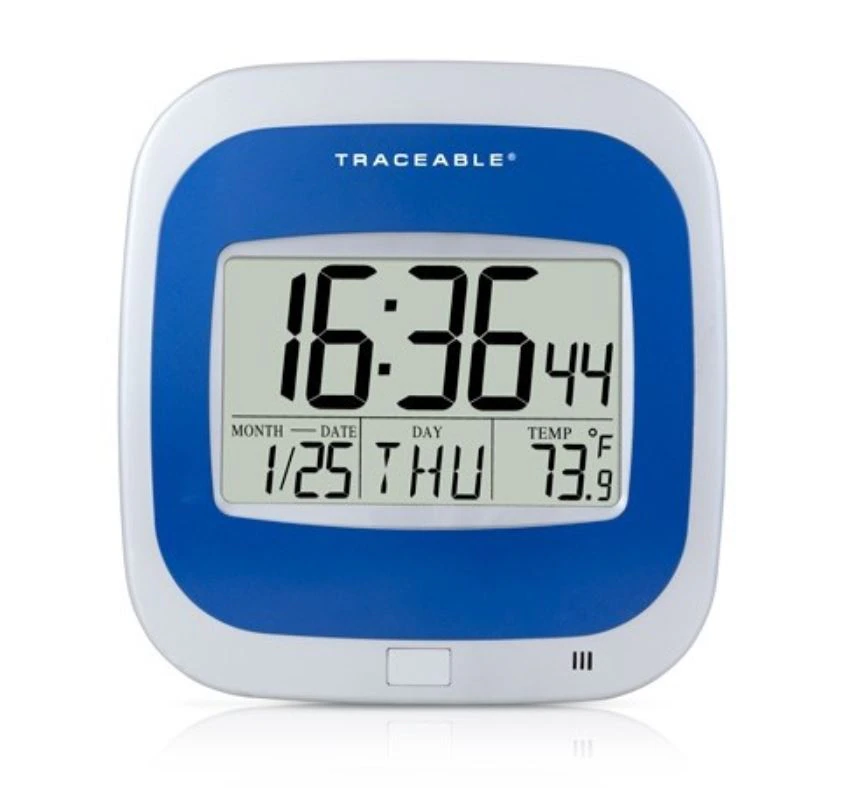 Traceable Calendar Clock Thermometer, 24-Hour LCD, 9-1/4 x 10 x 1 in, ISO 17025/A2LA/NIST Certified