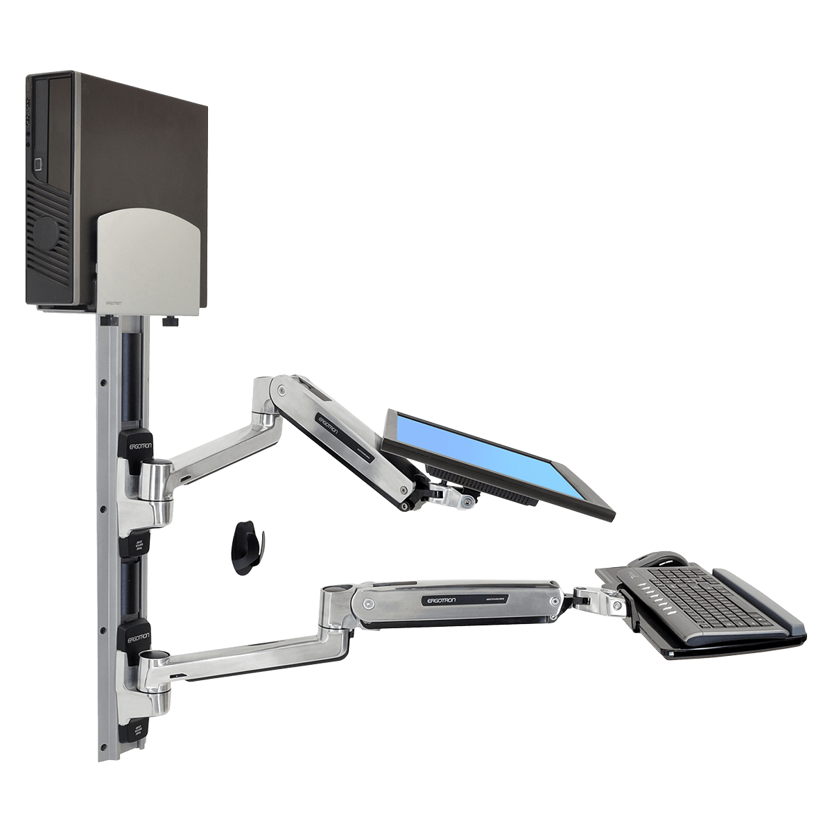 Ergotron LX Sit-Stand Wall Mount System, Polished Aluminum Silver, with Medium CPU Holder, 45-241-026