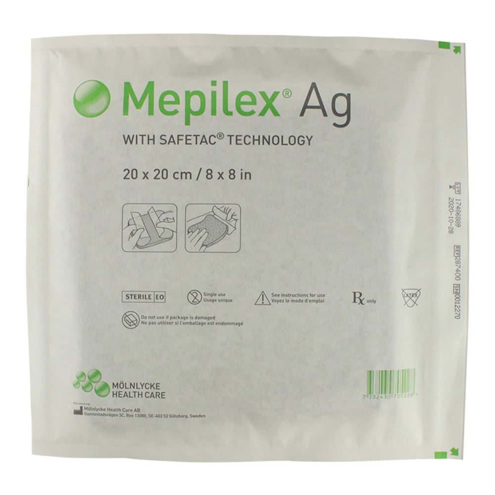 Mepilex Ag Antimicrobial Foam Dressing, 8" x 8", Gentle Adhesive, 1 Each