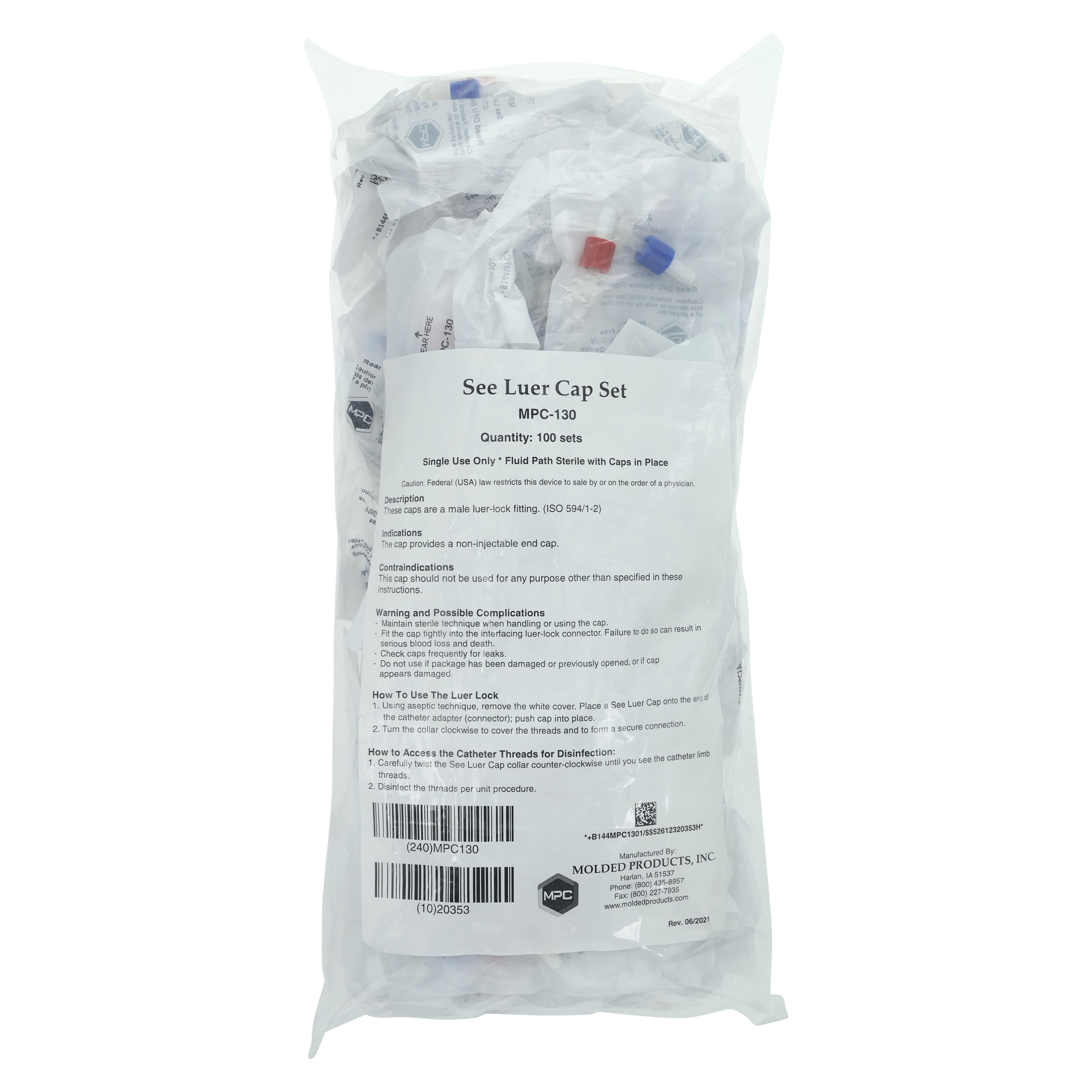See-Luer Cap Set, Non-Injection Male Luer Lock, 100/Bag