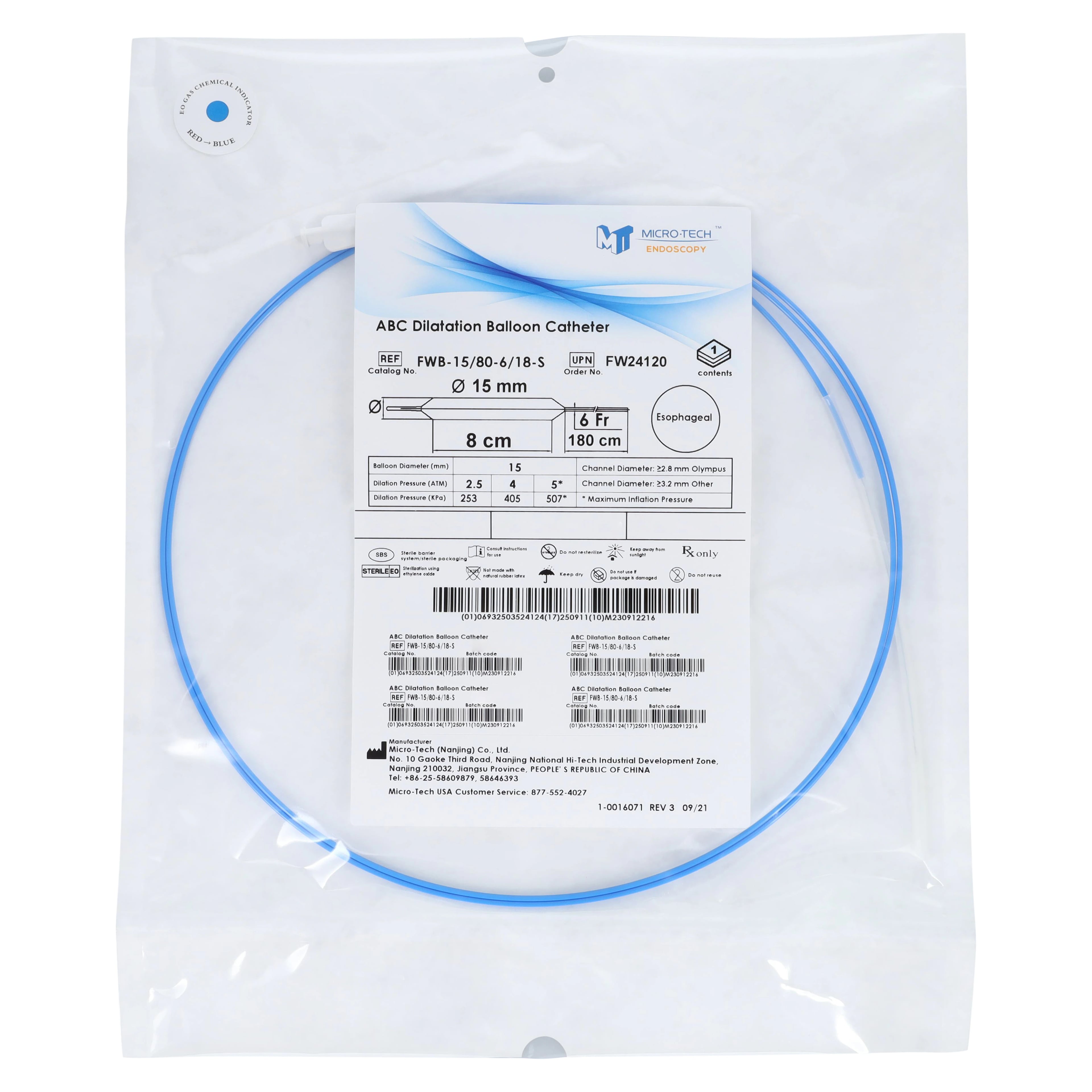 Micro-Tech Endoscopy ABC Esophageal Dilation Balloon, 180cm, 15mm, 8cm, Sterile, Single-Use, 2/Box