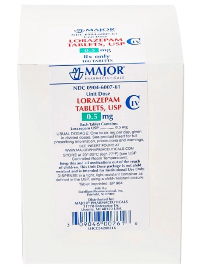Lorazepam Tablets 0.5mg, Unit Dose, 100/Package, Major Pharmaceuticals