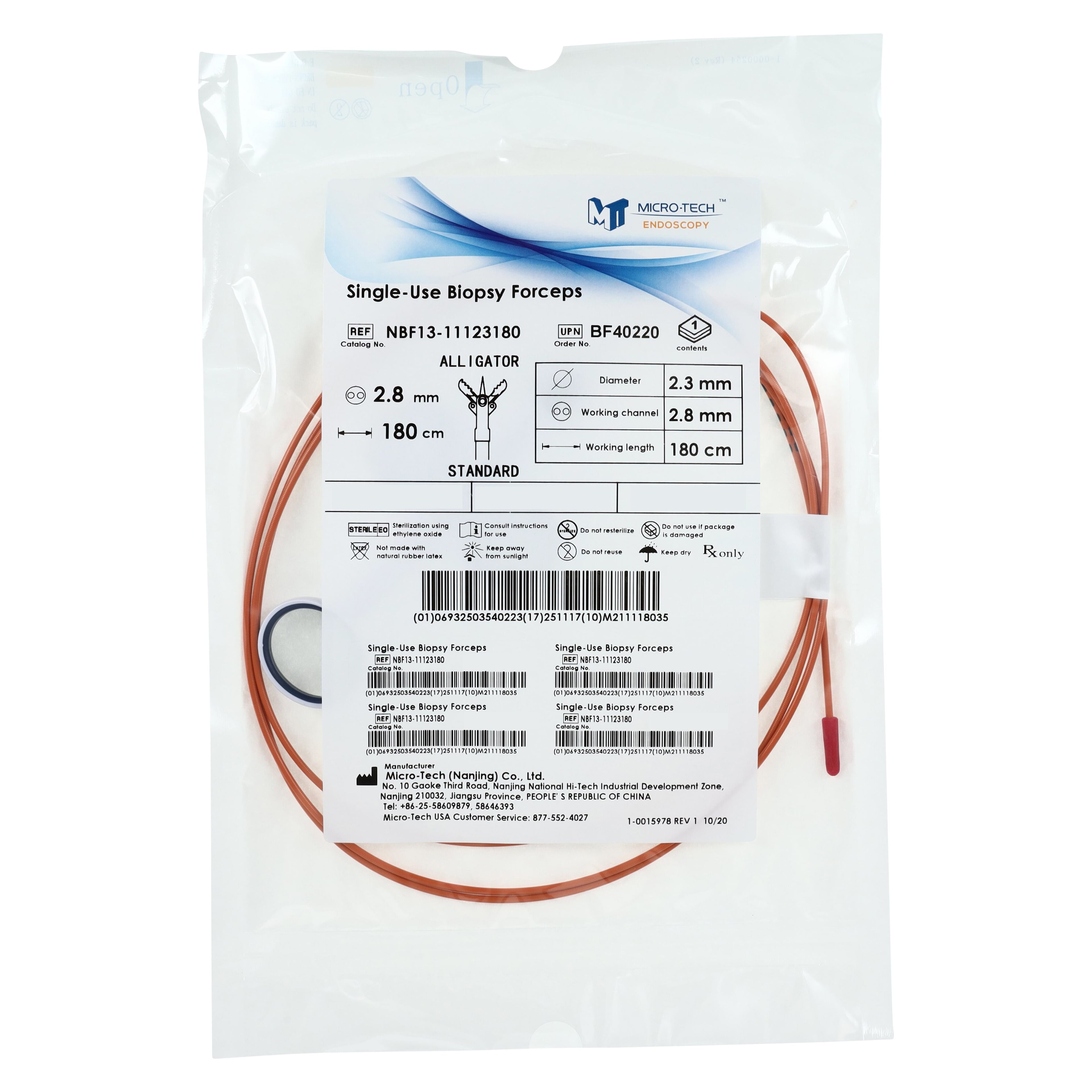 Micro-Tech Endoscopy Alligator Jaw Biopsy Forceps, Single-Use, 180cm Working Length, 10/Box