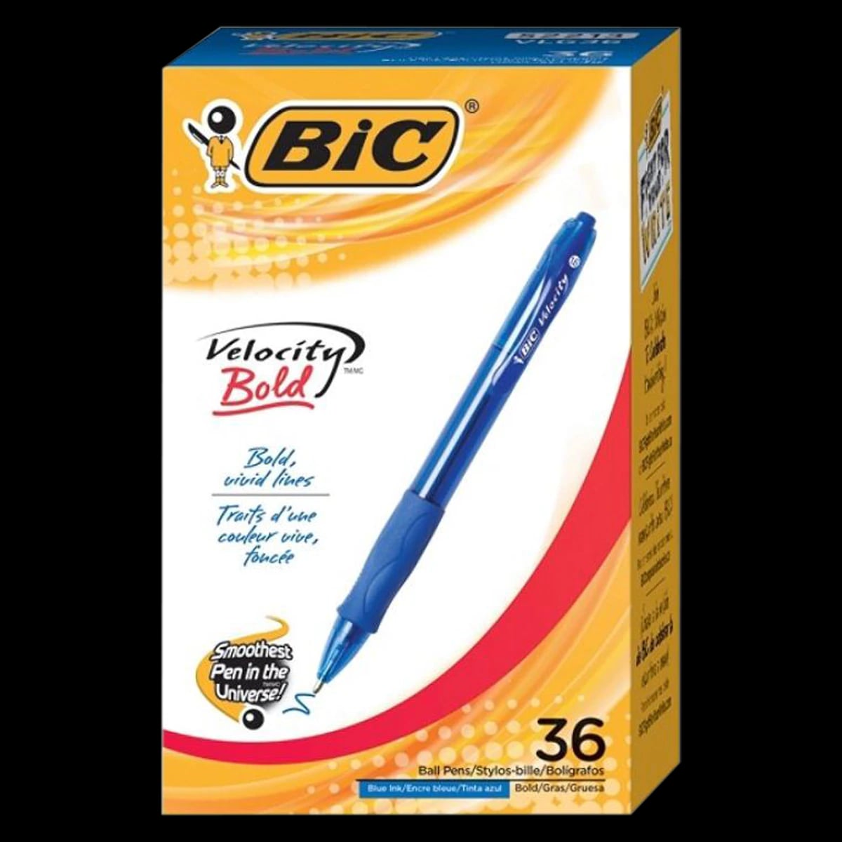 BIC Velocity Bold Retractable Ballpoint Pens, 1.6 mm, Blue Ink, Translucent Barrel, 36/Pack