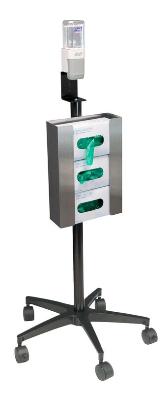 Omnimed Mobile Glove & Hand Sanitizer Kiosk Stand, Black/Silver Stainless Steel, 22 in x 5 in x 40 in