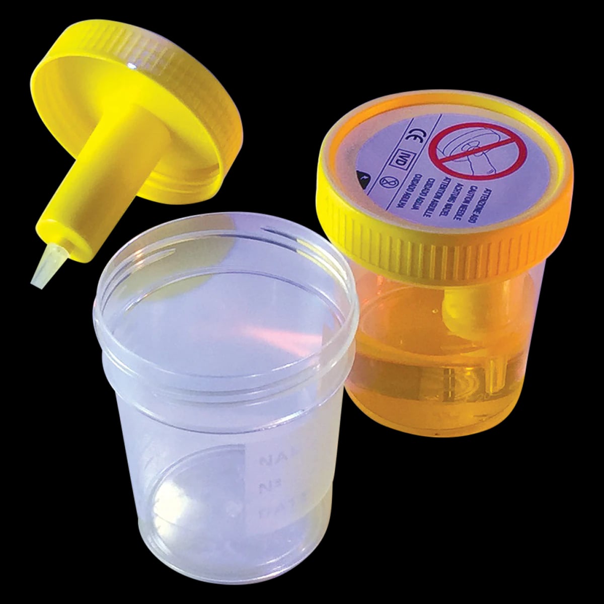 Globe Scientific TransferTop Urine Collection Cup, 120 mL, Plastic, Sterile, with Integrated Transfer Device, Graduated, Yellow Screw Cap, Clear, 300/Case