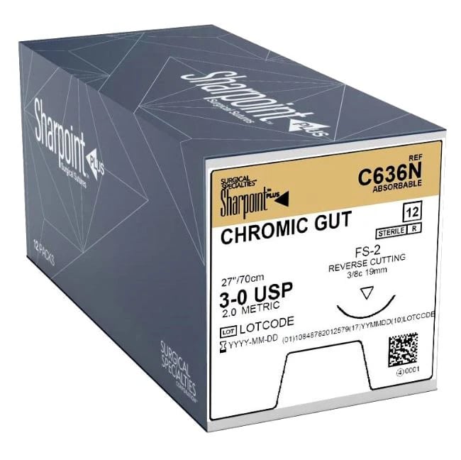 Sharpoint Plus Chromic Gut Suture, Monofilament, Absorbable, Size 3-0, 30" (70cm), FS-2 Precision Reverse Cutting 3/8 Circle Needle 19mm, Coated Black, 12/Box