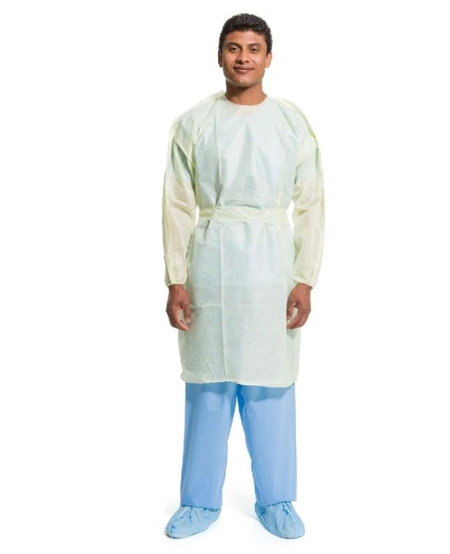 Halyard Isolation Gown, AAMI Level 2, SMS Material, X-Large, Yellow, Tape Tab Neck, Elastic Cuff, 100/Case