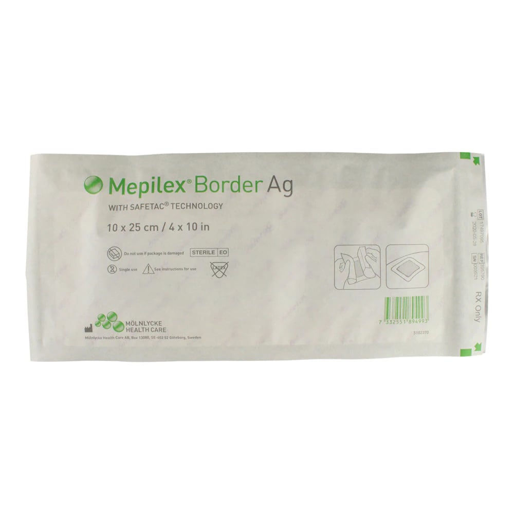 Mepilex Border Ag Antimicrobial Foam Dressing with Safetac Technology, 4" x 10", Adhesive Border, Box of 5