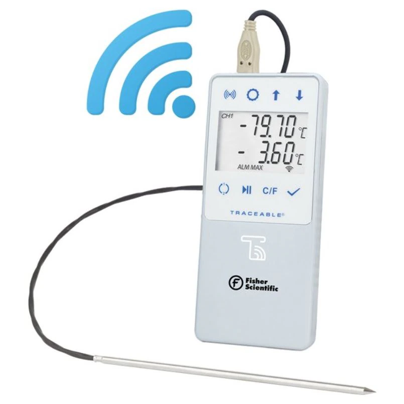 Cole-Parmer TraceableLive Data Logging Thermometer, -90 to 105°C, Stainless Steel Probe, ABS Plastic, Min/Max Memory, LCD Display, ISO 17025/A2LA/NIST Certified