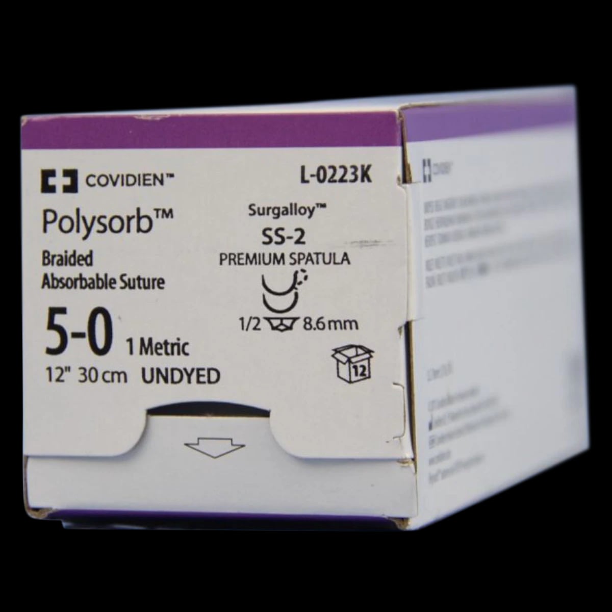 Medtronic Polysorb Suture, 5-0, 12" Polyester Braid, Absorbable, SS-2 Spatula 1/2 Circle Needle 8mm, Coated, Undyed, 12/Case