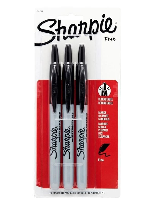 Sharpie Retractable Permanent Markers, Fine Point, Black, Pack of 3