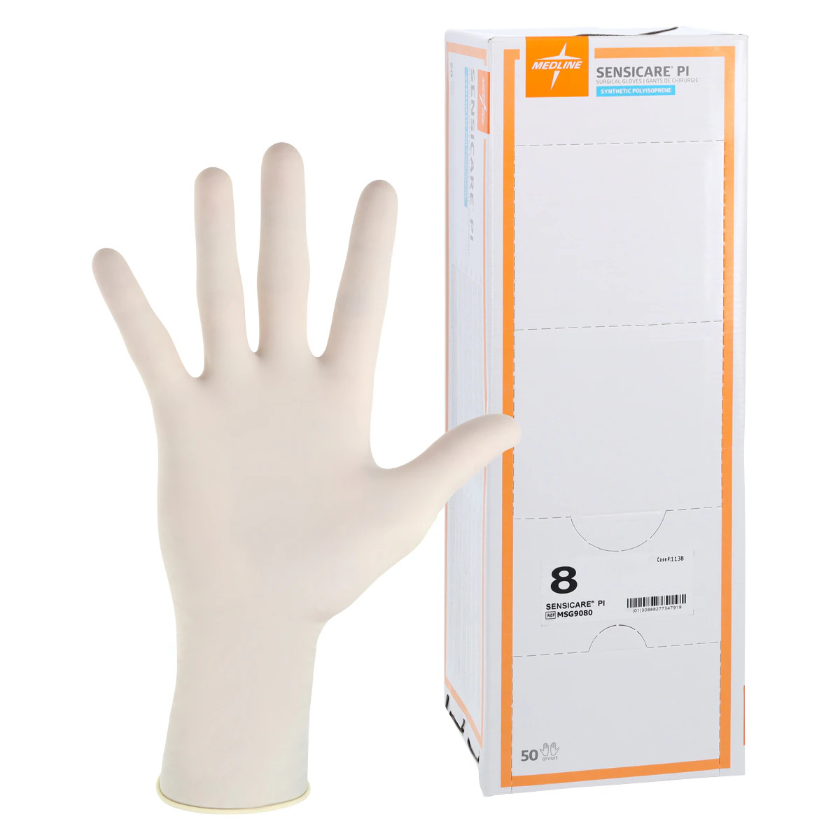 Medline SensiCare PI Polyisoprene Surgical Gloves, Powder-Free, Latex-Free, Size 8, Cream, 50 Pairs/Box
