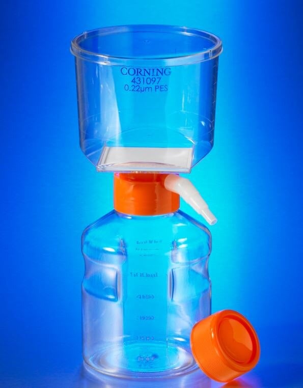 Corning Lifesciences Filter/Storage Bottle System, Polyethersulfone, 250mL, Angled Hose Connector, Easy-Grip Style, 12/Case