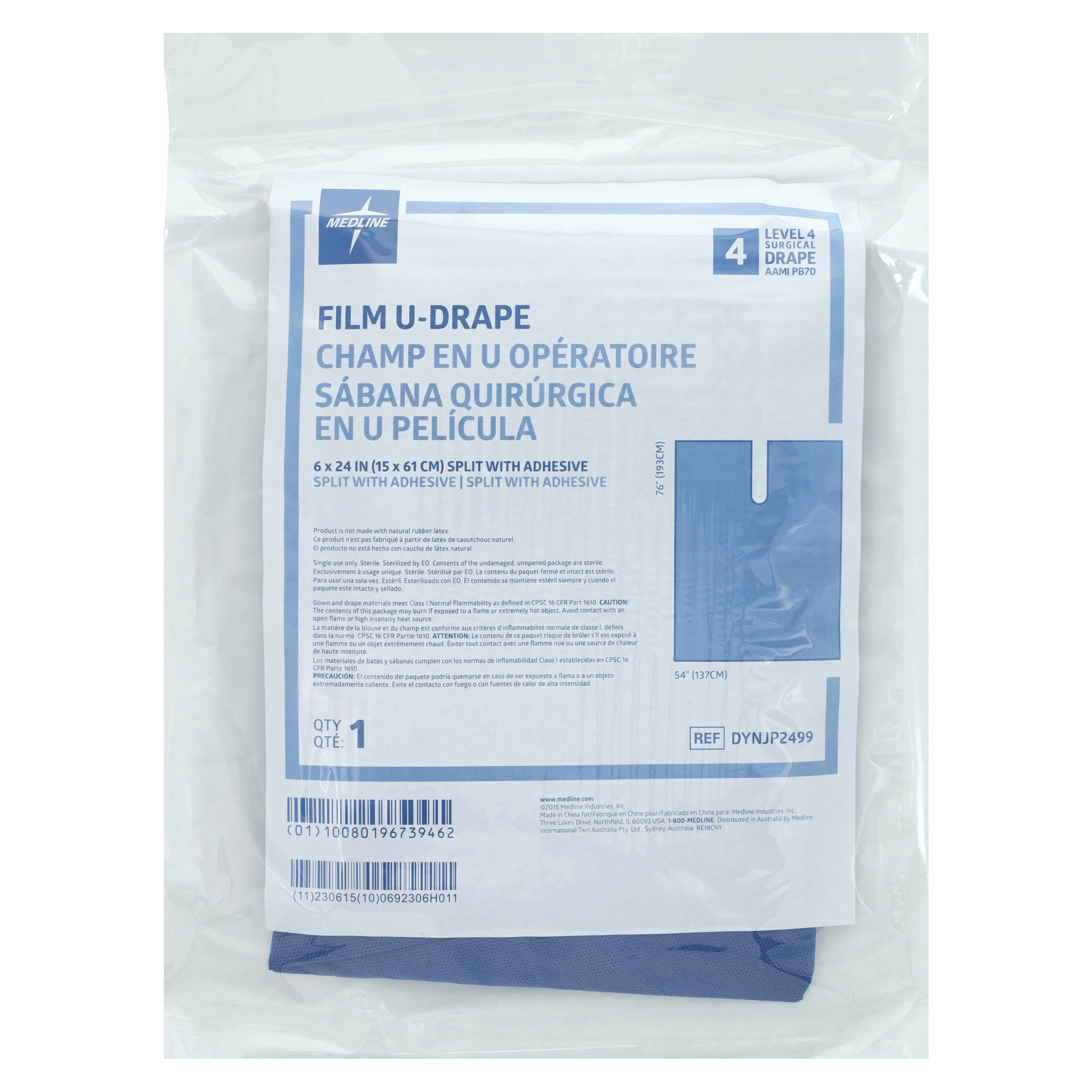 Medline Impervious U Drape, Sterile, 76" x 54"