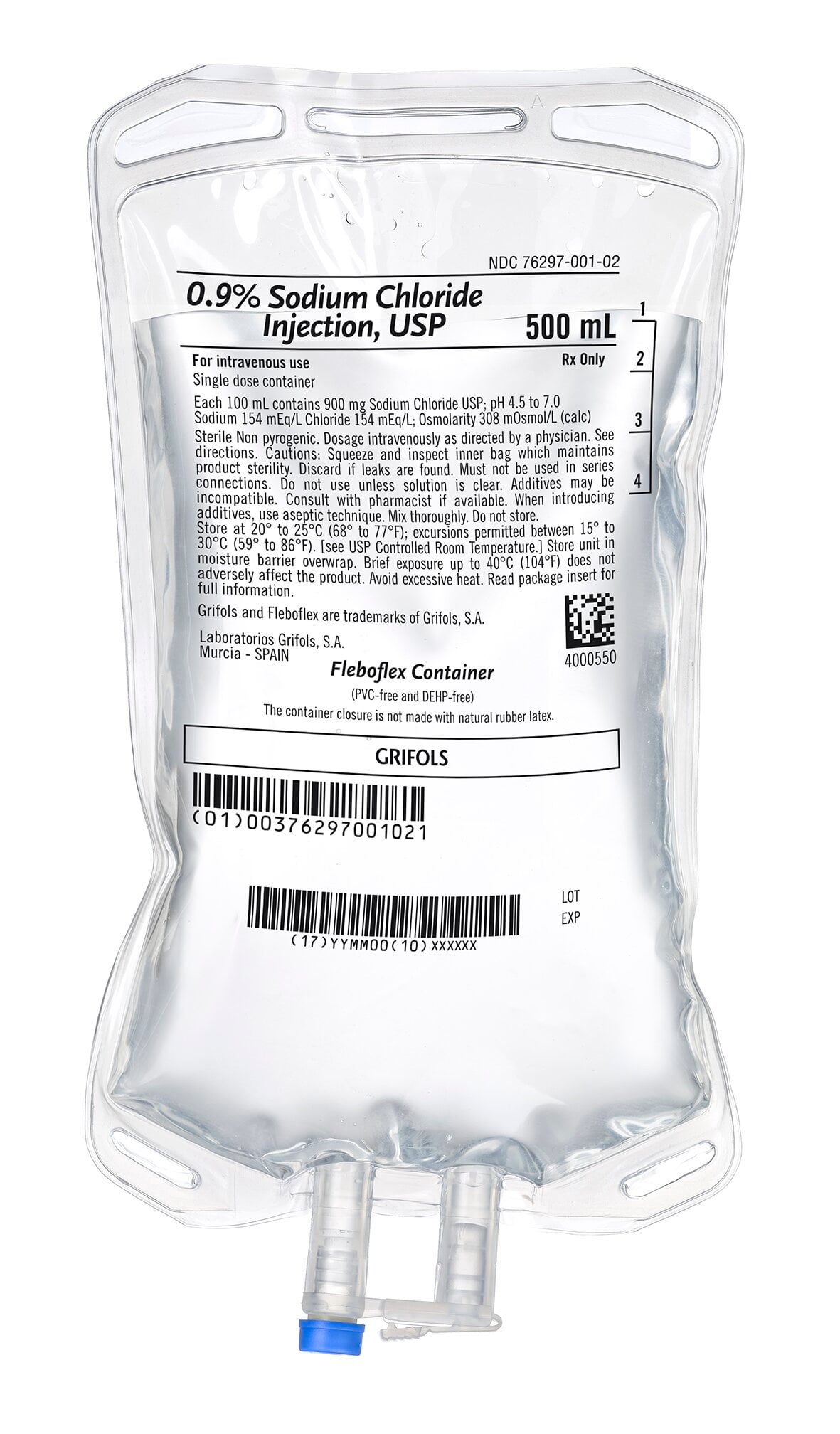 Sodium Chloride 0.9% IV Injection Solution, 500mL Bag, DEHP-Free, Sterile, Non-PVC, 20/Case, Grifols