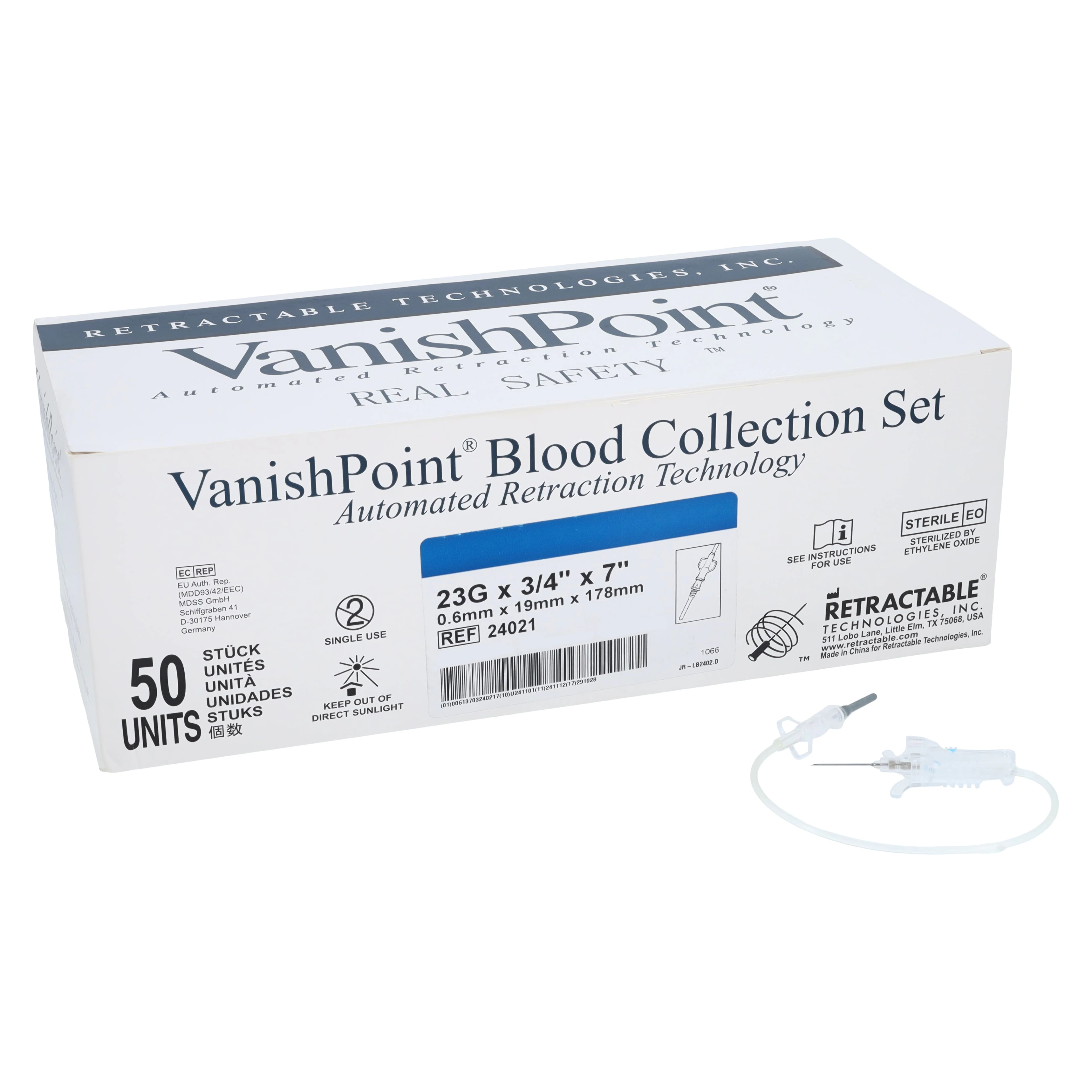 VanishPoint Blood Collection Set with Luer Adapter, 23G x 3/4" Needle, Deep Blue Safety, 7" Tubing, Sterile, 50/Box