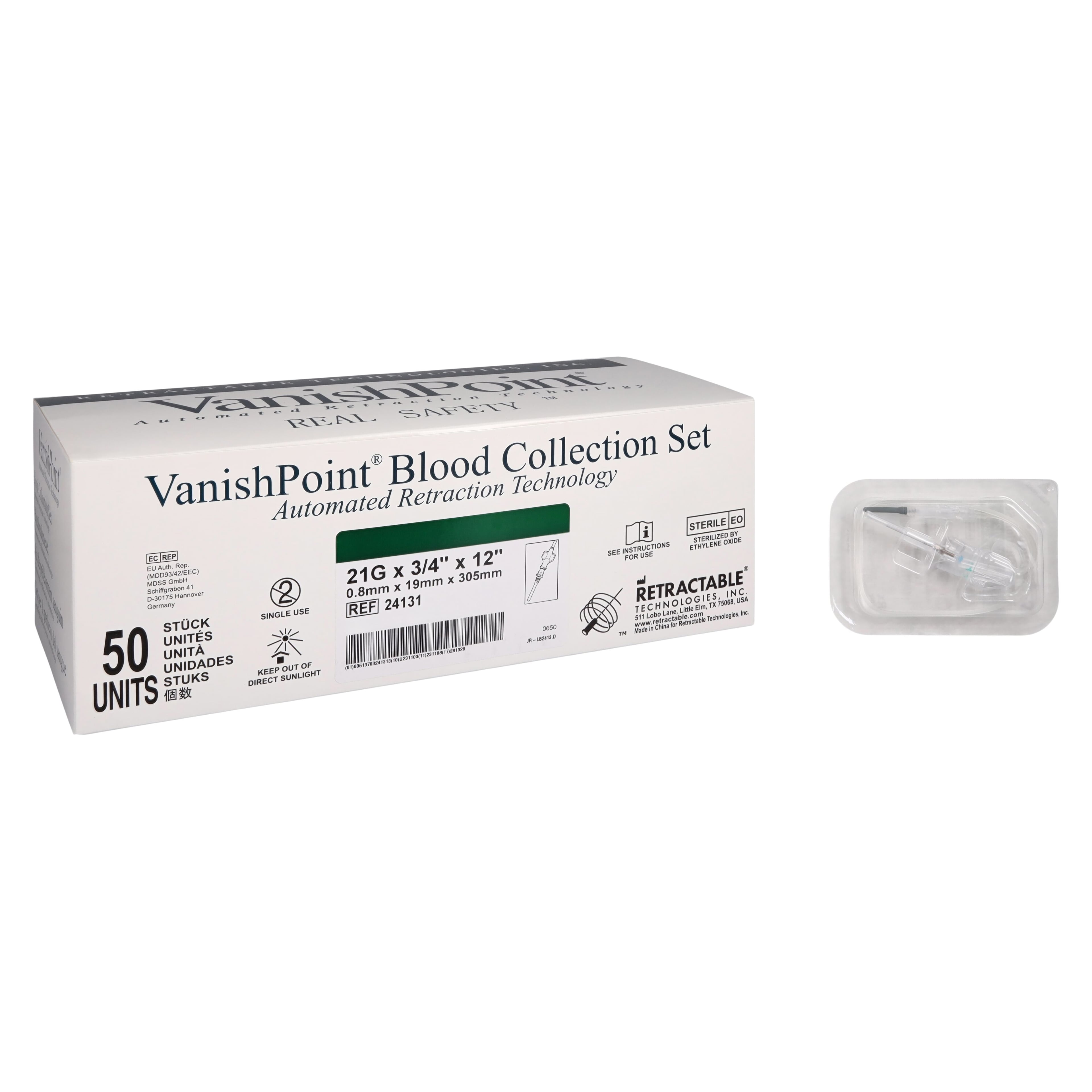 VanishPoint Blood Collection Set, 21G x 3/4" Winged, 12" Tubing, Safety, Sterile, 200/Case