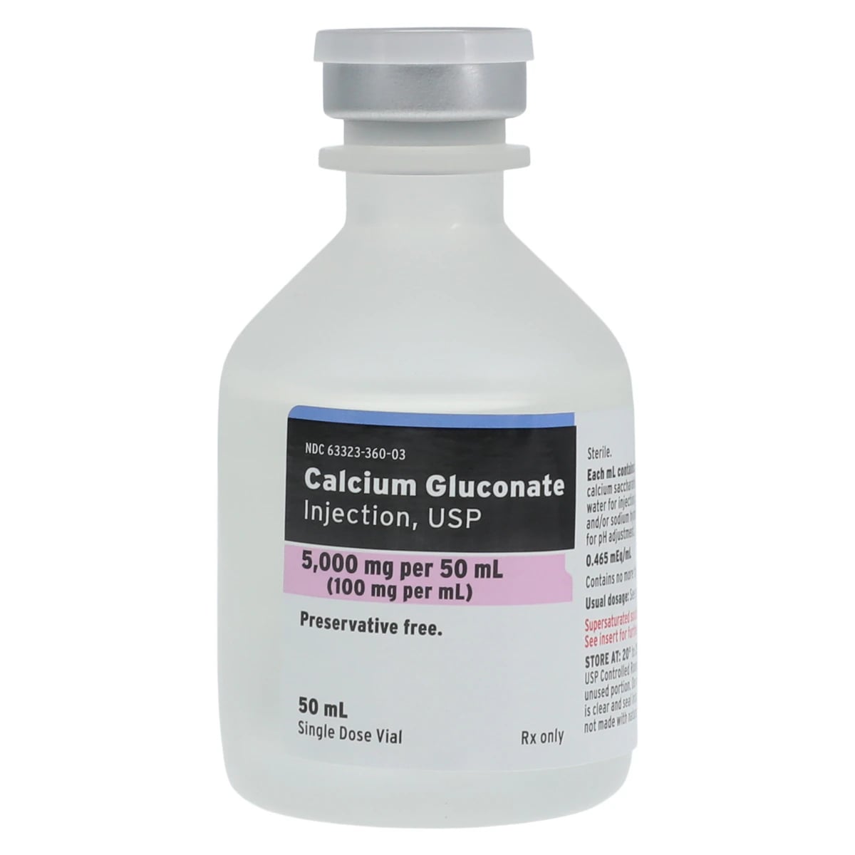 Calcium Gluconate Injection 100 mg/mL, Preservative-Free, Single-Dose Vial, 50 mL, 25/Package