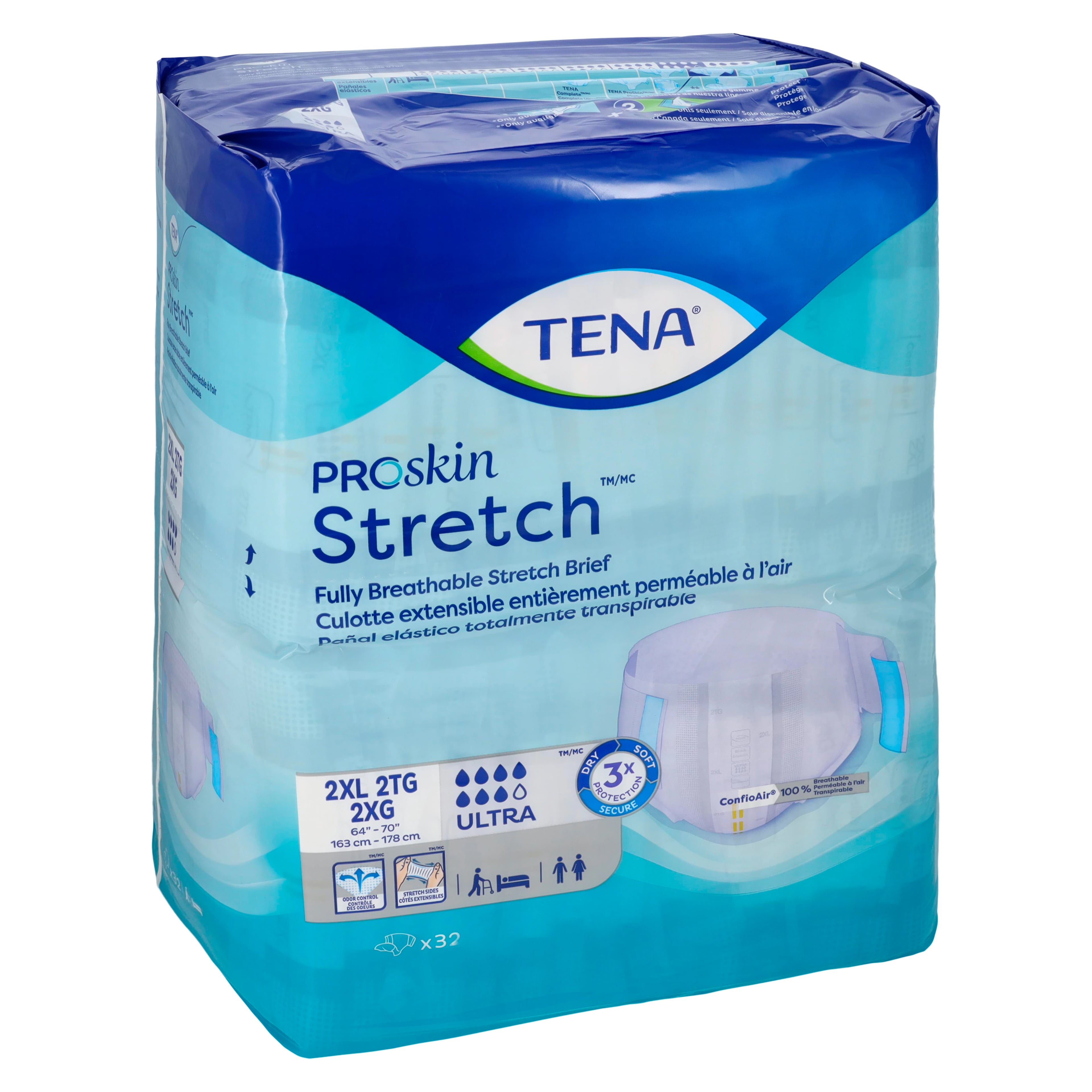 TENA Stretch Ultra Brief, Unisex, Heavy Absorbent, 64-70" Waist, White, Hook and Loop Closure, 64/Case