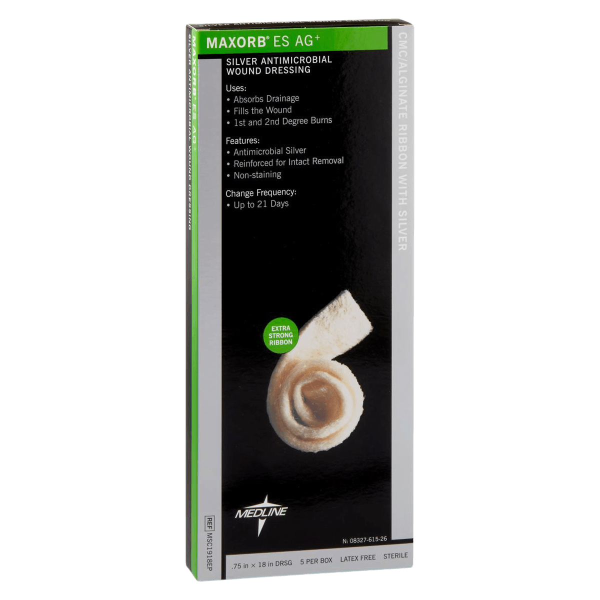 Medline Maxorb ES Ag+ Calcium Alginate Reinforced Dressing, 3/4" x 18", Sterile Ribbon, Latex-Free