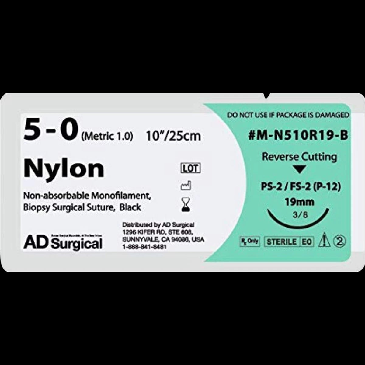 Unify Suture Nylon Monofilament, 5-0, 10", Non-Absorbable, FS-2 Reverse Cutting 3/8 Circle Needle 19mm, Uncoated Black, 12/Box