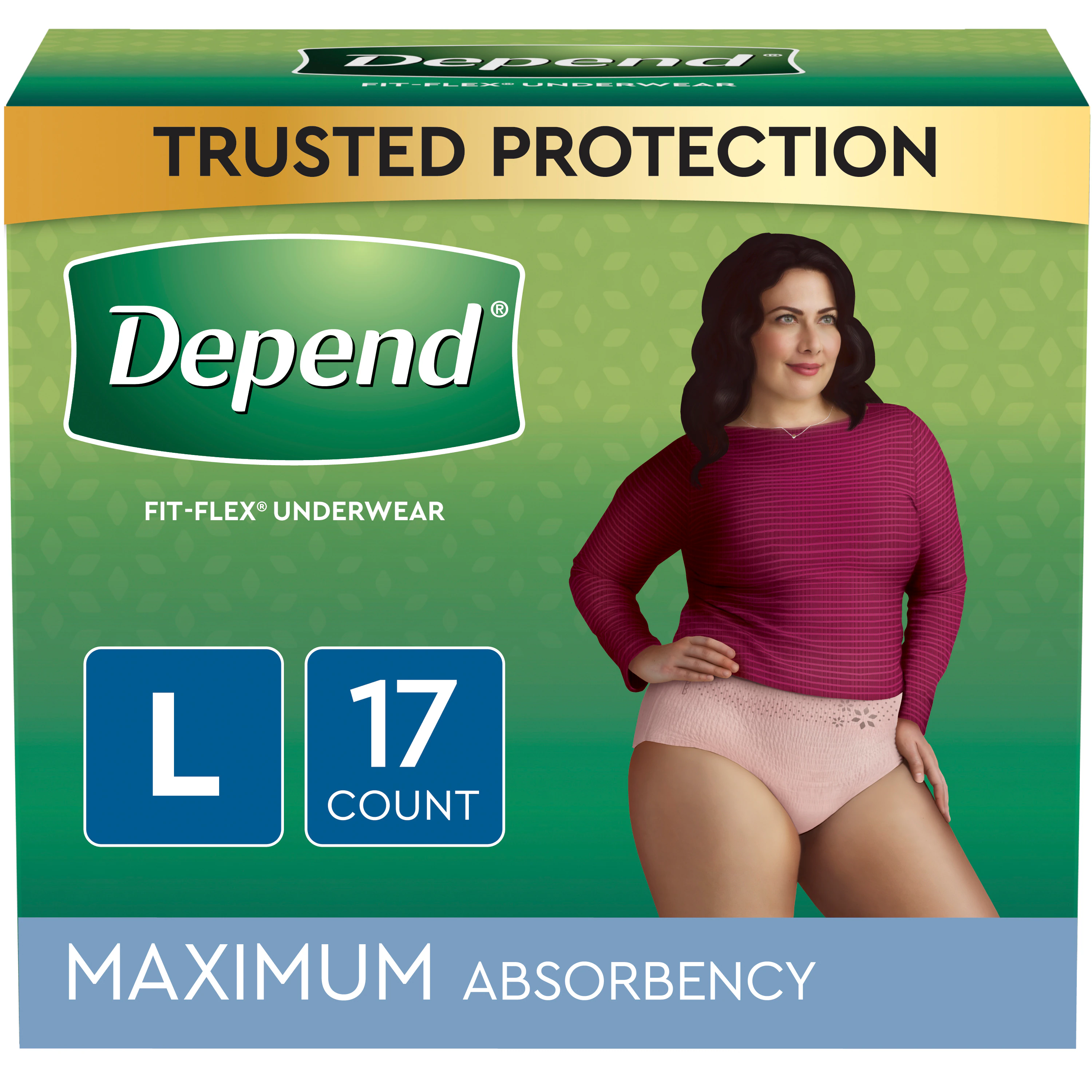 Depends Maximum Absorbency Incontinence Underwear for Women, Pull-Up Style, Size Large (38-44"), Blush/Pink, 34/Case
