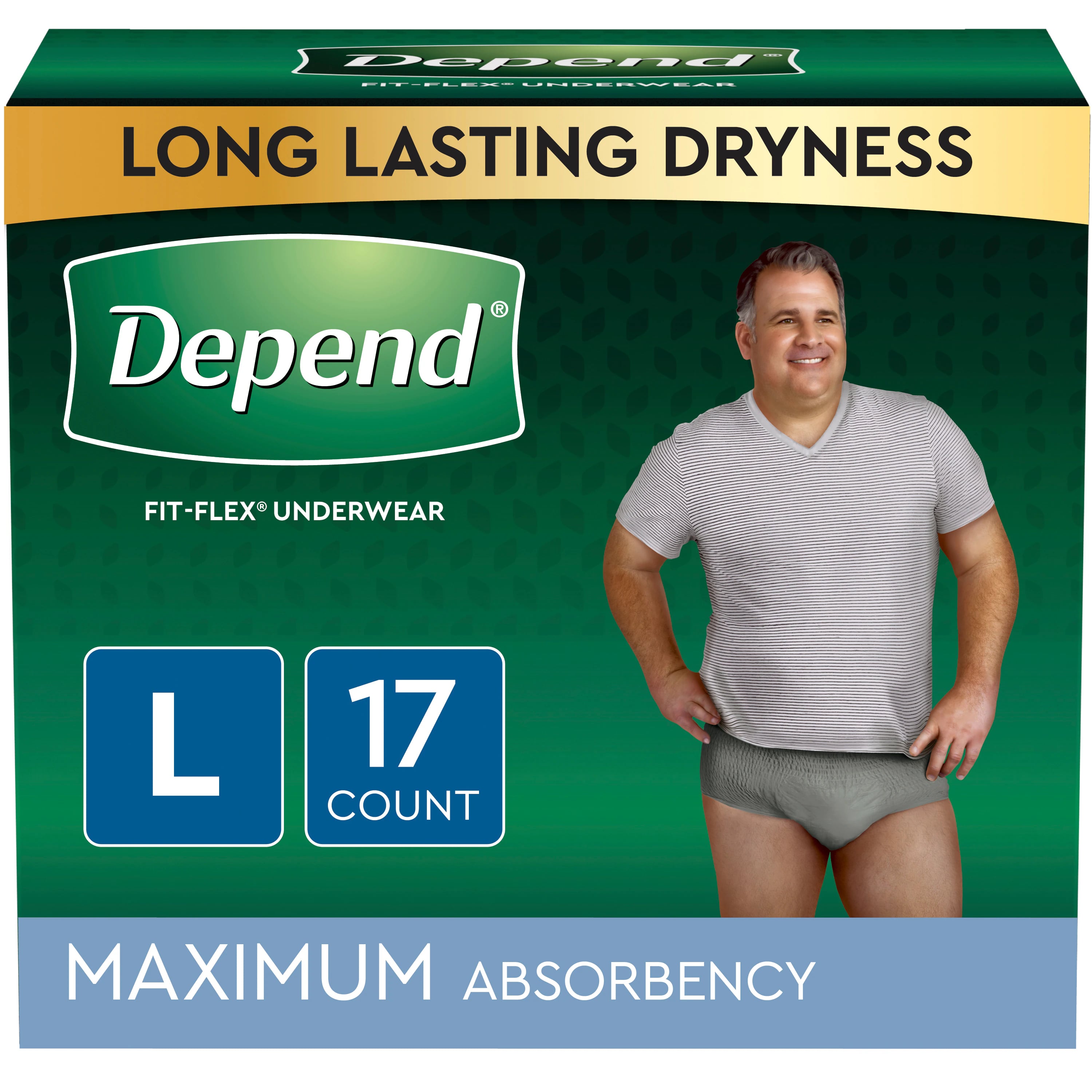 Depends Maximum Absorbency Incontinence Brief for Men, Large (35-43"), Gray, Odor Control, DryShield Technology, Latex-Free, 34/Case