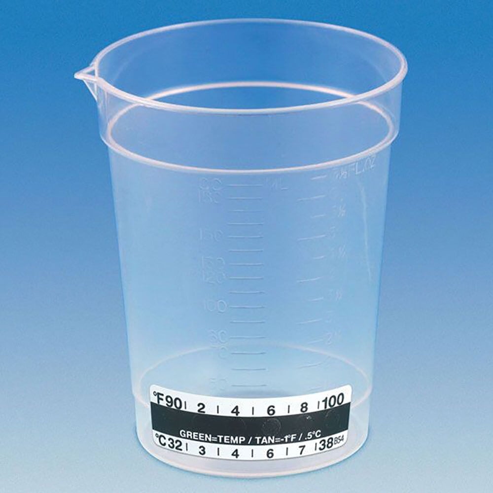 Globe Scientific Disposable Polypropylene Beaker with Temperature Strip, 6.5 oz, Pour Spout, Graduated, 500/Case