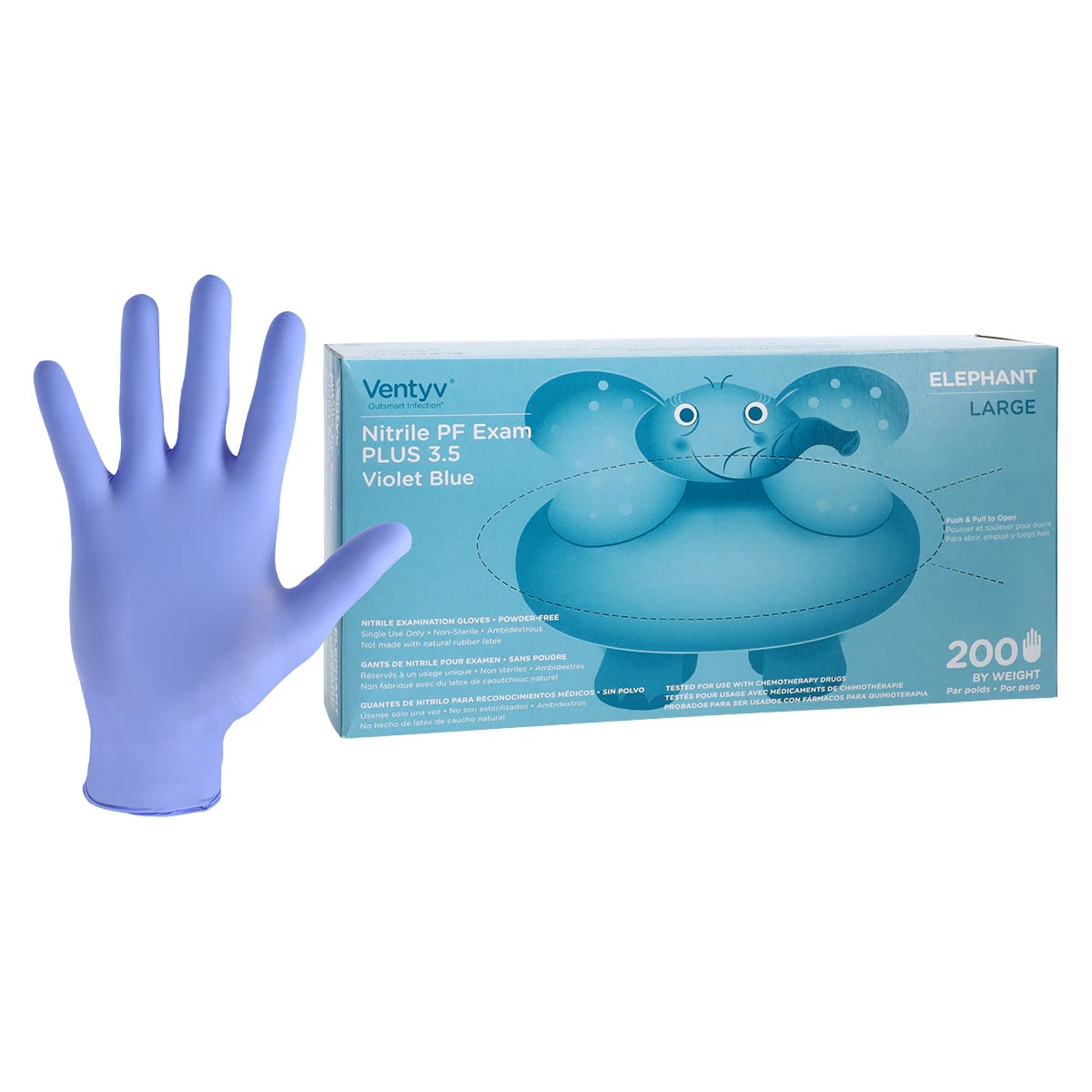 Ventyv Elephant Nitrile PF Plus 3.5 Exam Gloves, Powder-Free, Polymer Coated, Violet Blue, Large, 200/Box, 10336101
