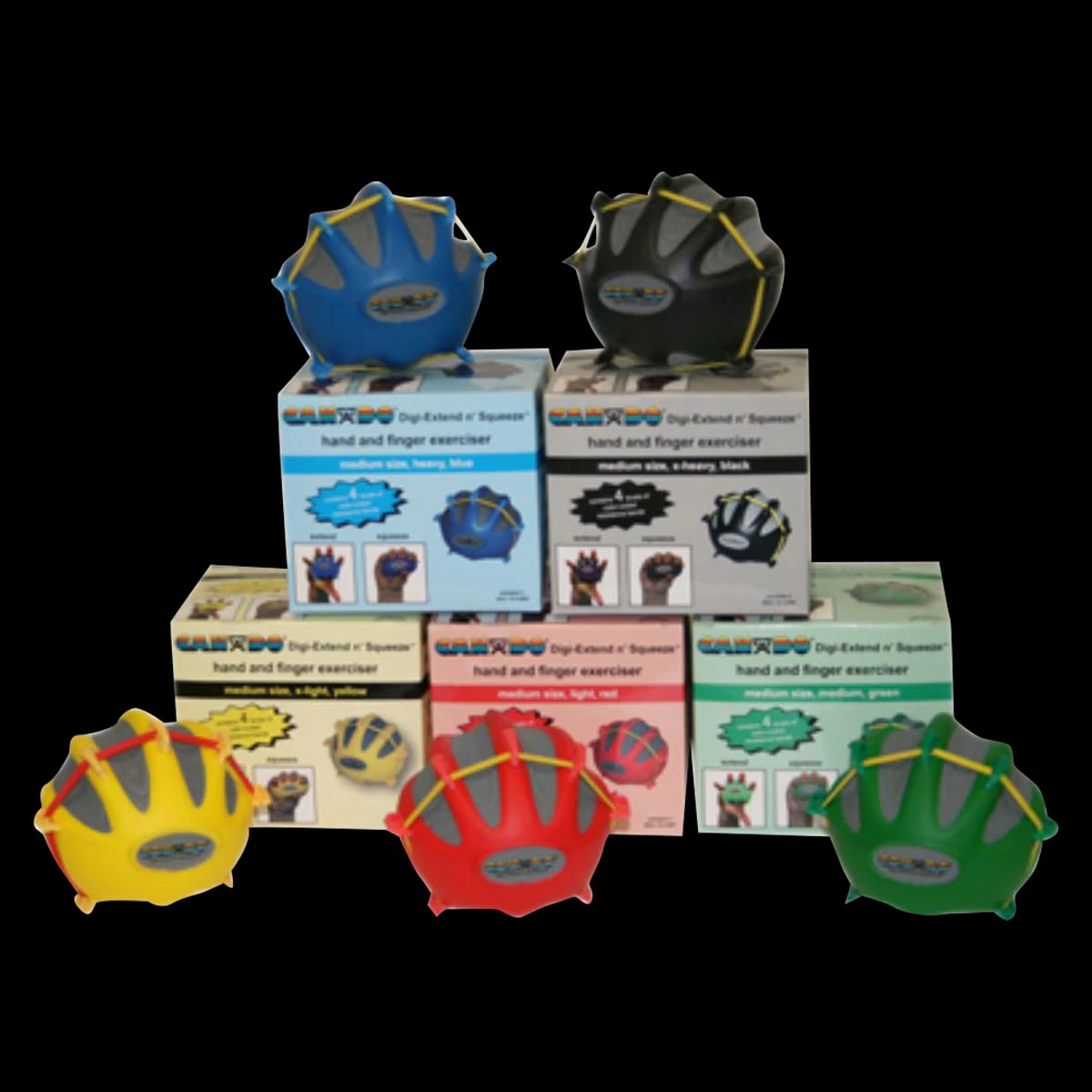 CanDo Digi-Extend/Squeeze Hand Exerciser, Set of 5 (Yellow, Red, Green, Blue, Black)