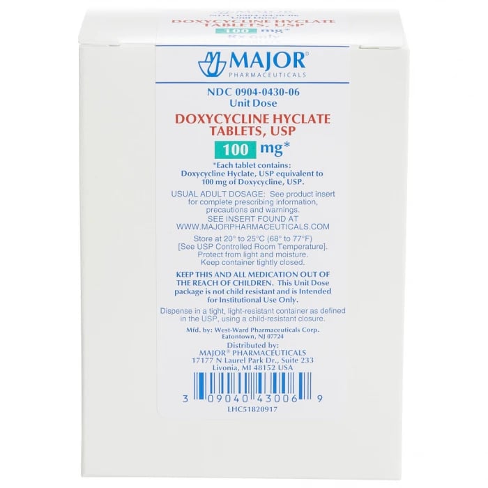 Doxycycline Hyclate Tablets 100mg, Unit Dose, 50/Package (5x10 UD), Major Pharmaceuticals