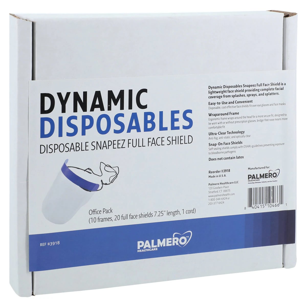 Dynamic Disposables Snapeez Full Shield Face Shield Kit, Clear/Blue Reusable Frame